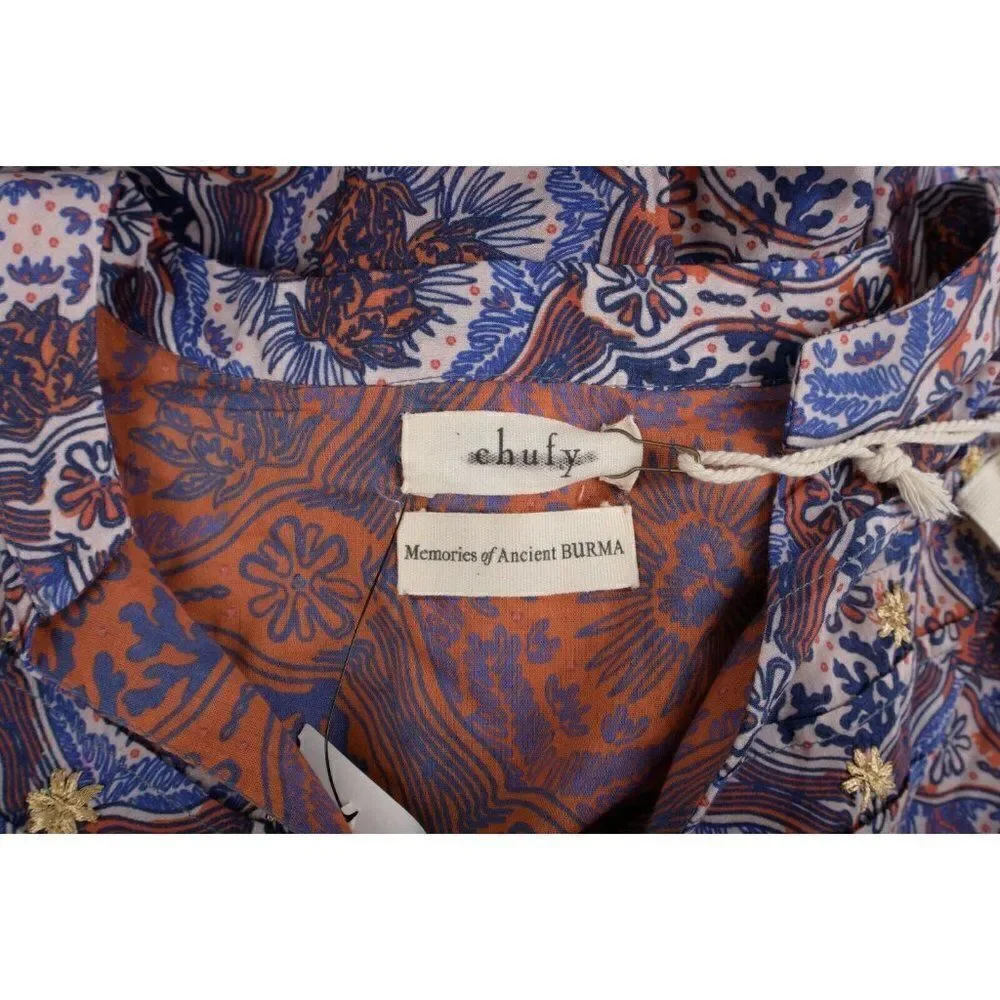 Chufy Womans Floral Ma Dress L Blue Lln Print Burma Puff sleeve Cotton Silk NWT